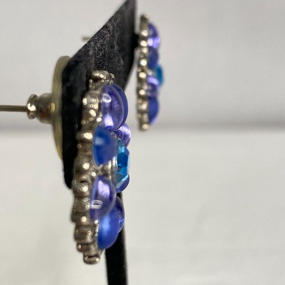 Button Stud Earrings Shades of Blue Purple Stones Oval Circling Aqua Round Stone - Picture 4 of 8